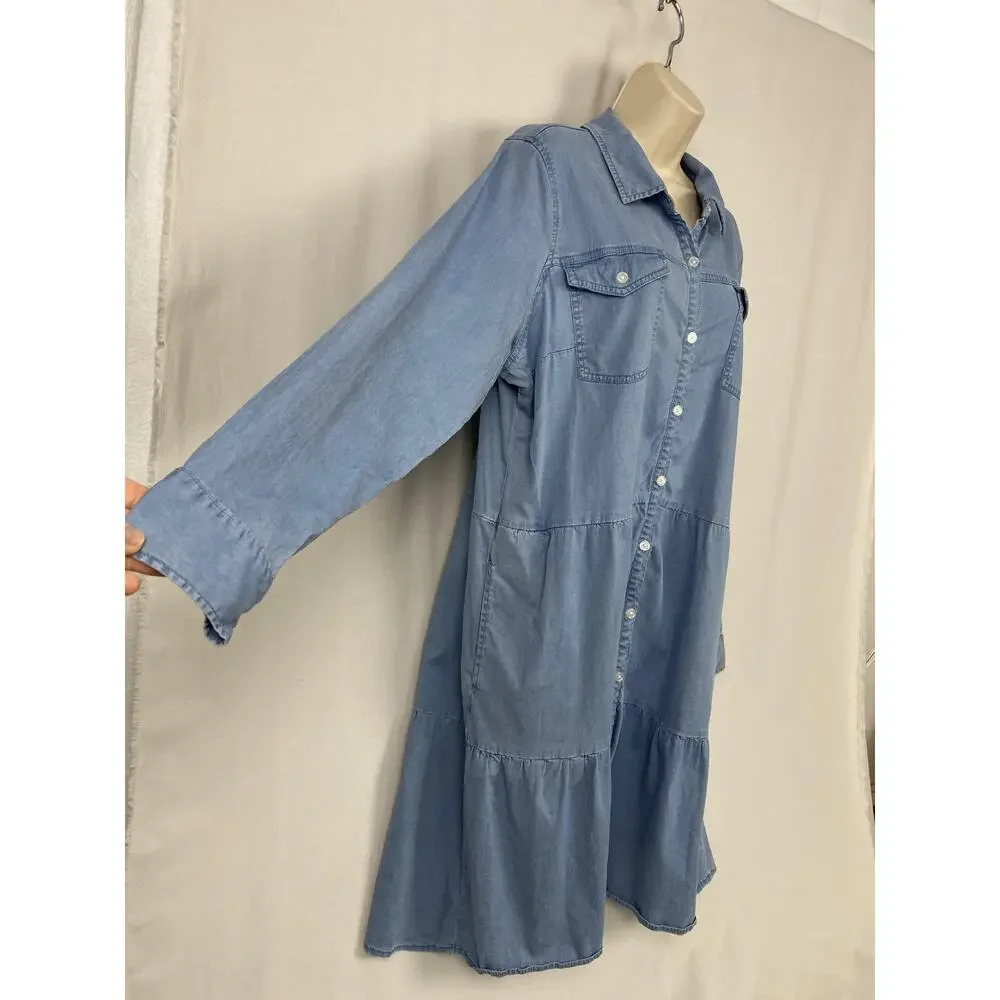 Belle BOHO Kim Gravel Chambray Dress Large Blue Denim Tiered Pockets Ruffle - Picture 4 of 13